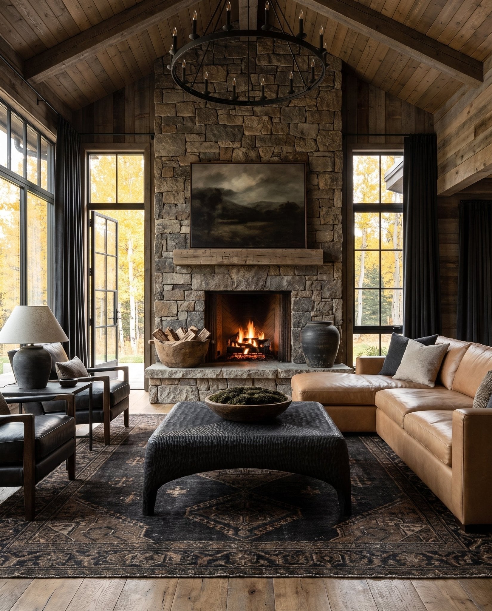 living room modern mountain carved wood coffee table Hello Norden - Alvhild Coffee Table, shown in a rustic modern room
