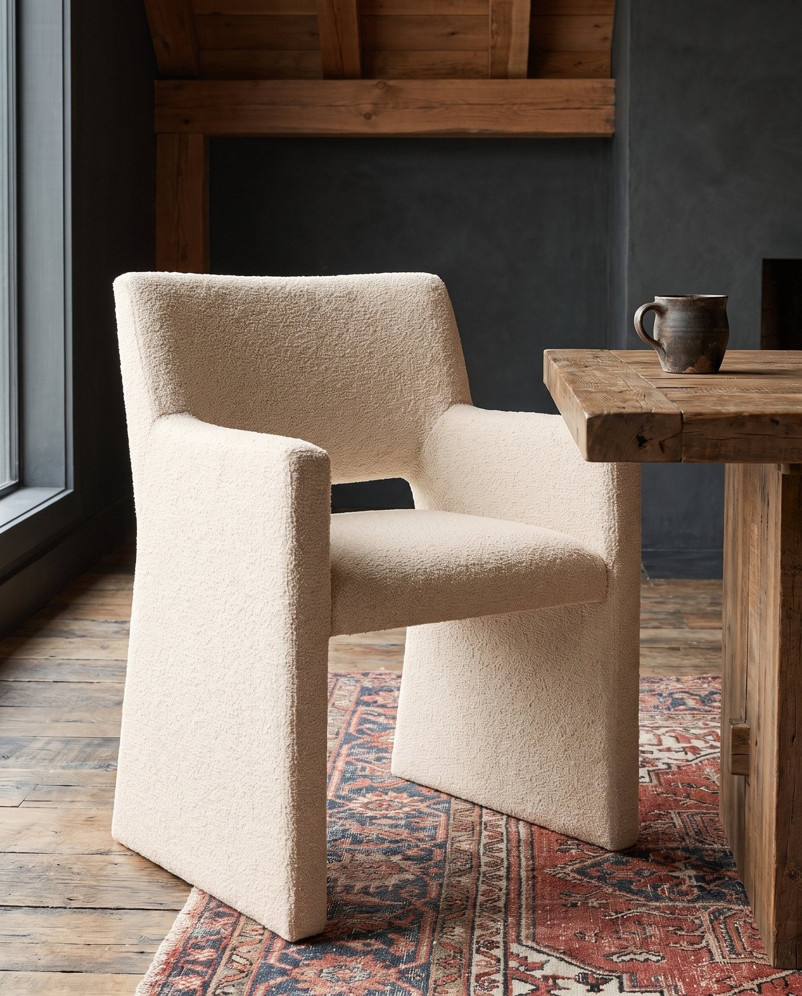 dining room modern mountain dining chair Hello Norden - Arnold Dining Chair, shown in a rustic modern room, close-up