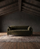 living room custom furniture modern mountain velvet sofa Hello Norden - Asbjorn Sofa in Banks Eco-Performance Velvet in Balsam, shown in a rustic modern room