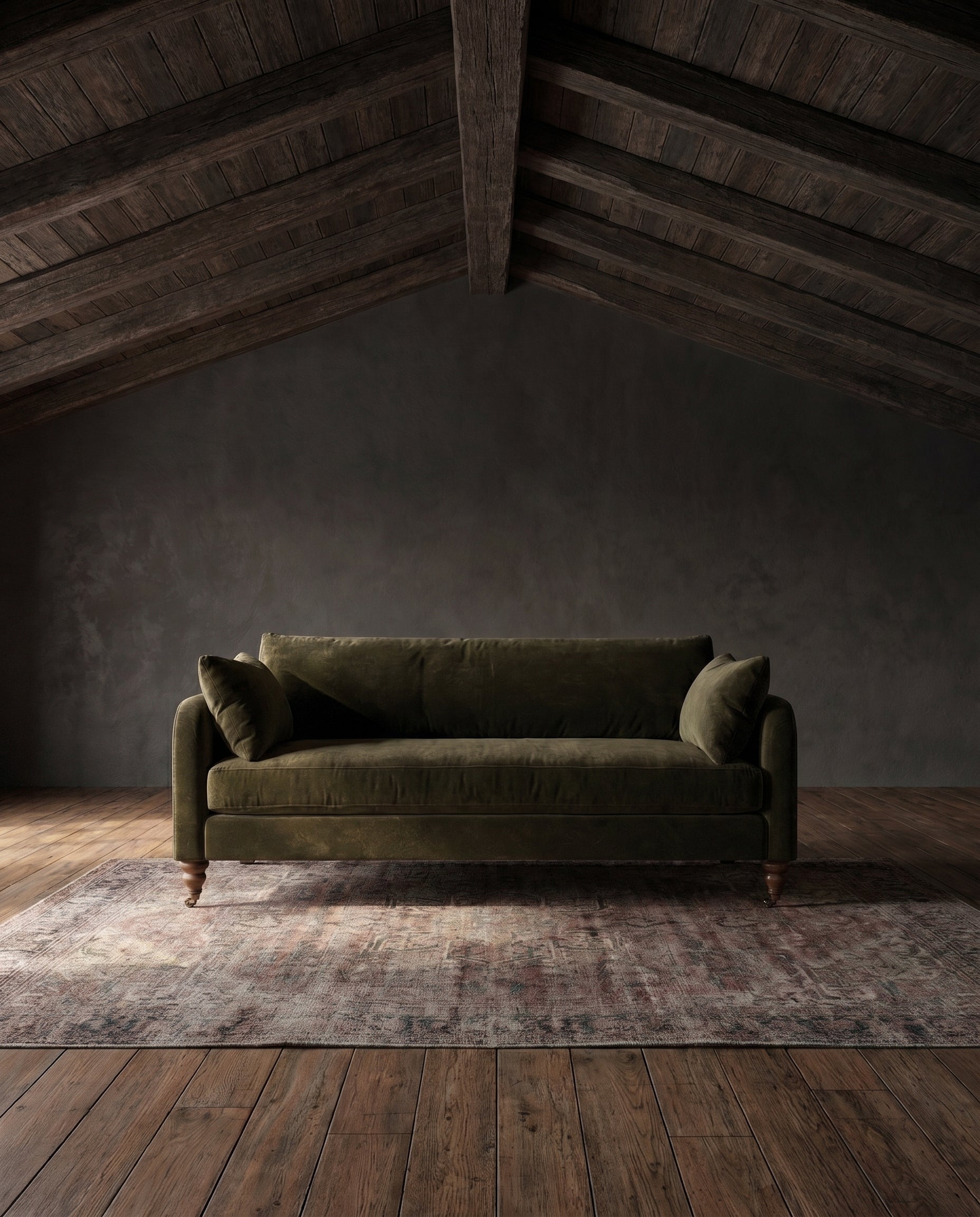 living room custom furniture modern mountain velvet sofa Hello Norden - Asbjorn Sofa in Banks Eco-Performance Velvet in Balsam, shown in a rustic modern room