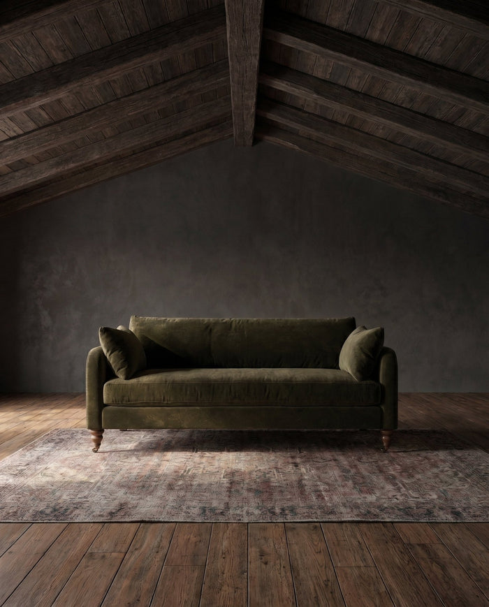 living room custom furniture modern mountain velvet sofa Hello Norden - Asbjorn Sofa in Banks Eco-Performance Velvet in Balsam, shown in a rustic modern room