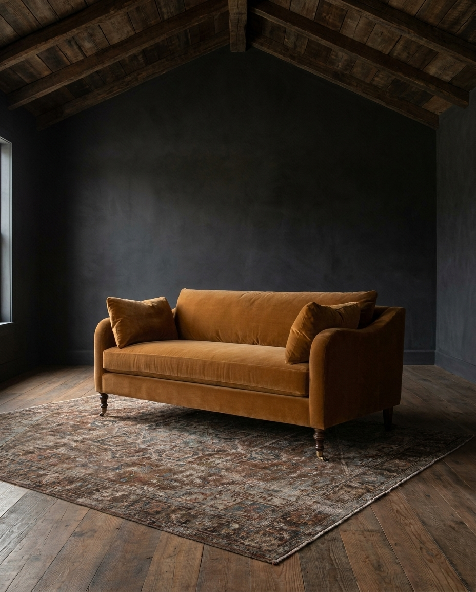 living room custom furniture modern mountain velvet sofa Hello Norden - Asbjorn Sofa in Banks Eco-Performance Velvet in Yam, shown in a rustic modern room
