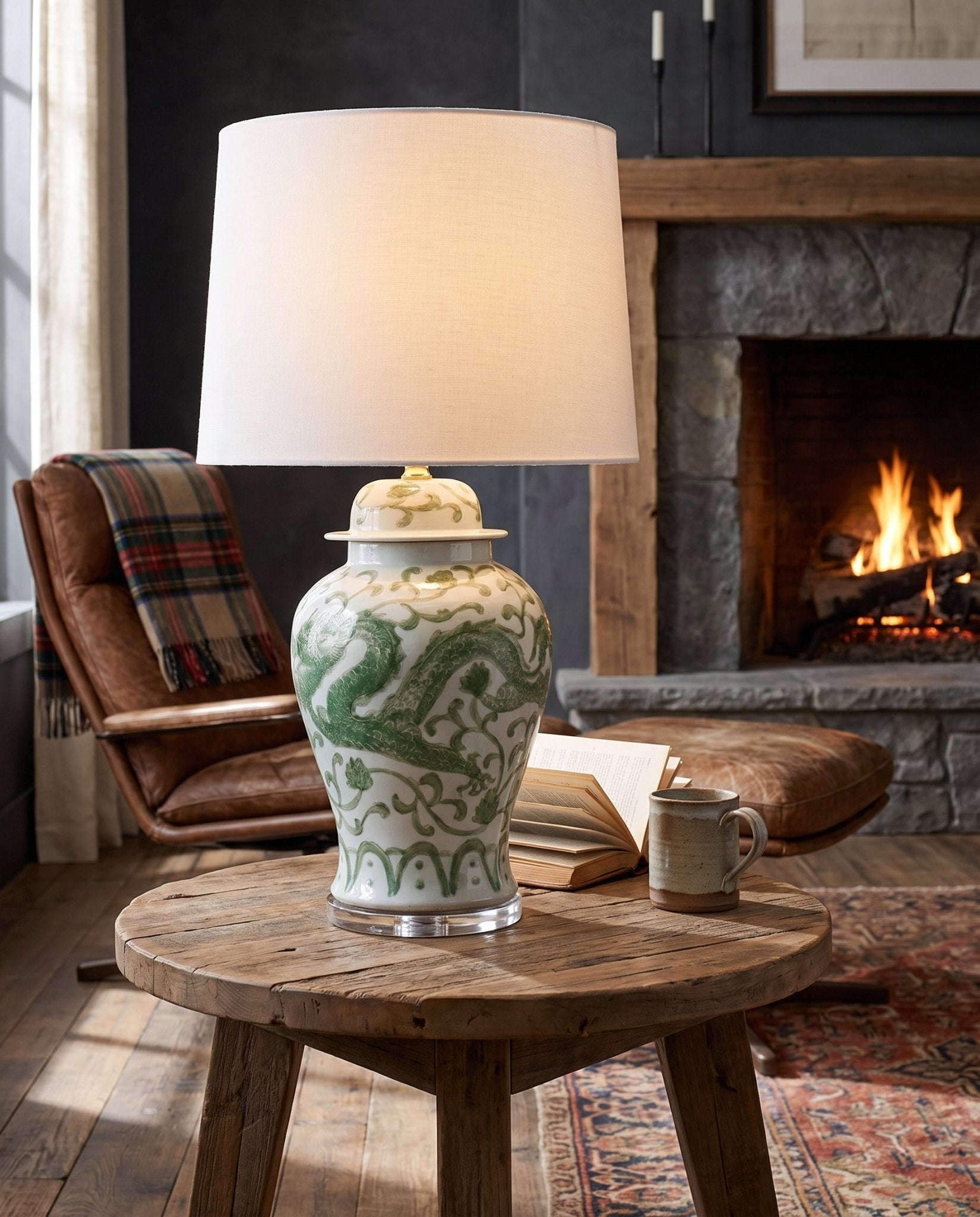 living room furniture modern mountain  table lamp Hello Norden - Aslak Porcelain Hand-Painted Temple Jar Lamp, styled in a modern rustic room