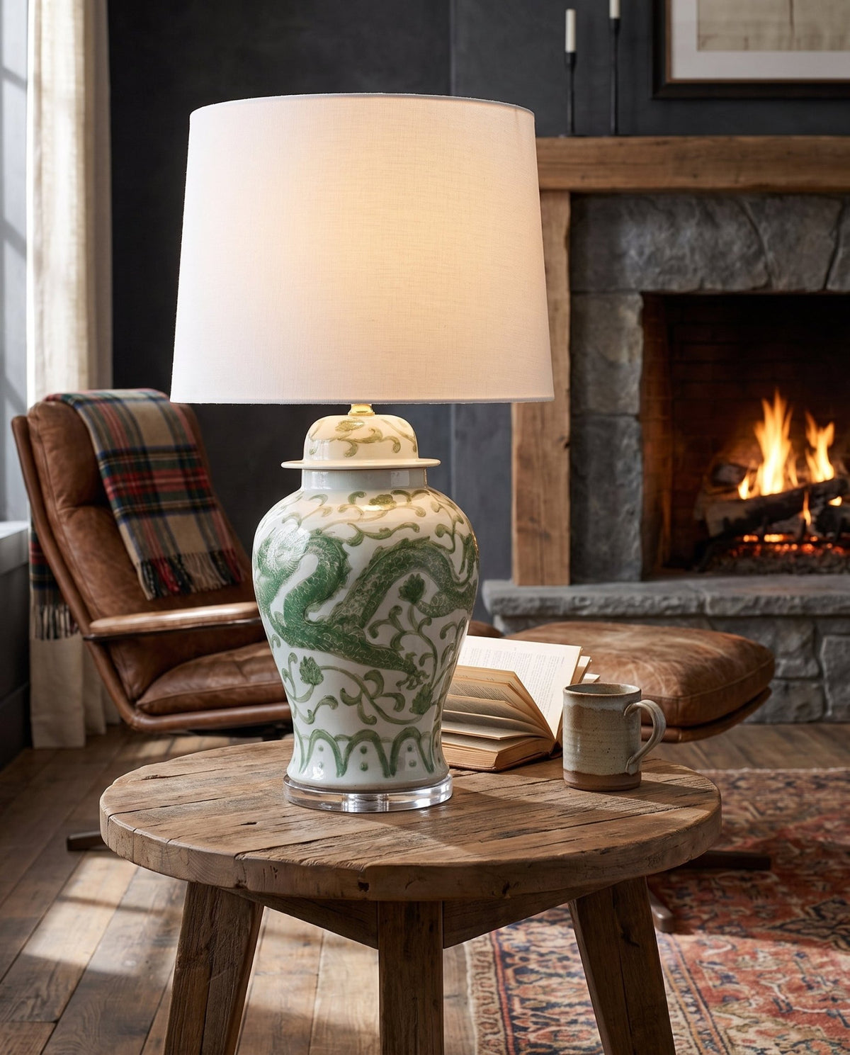 living room furniture modern mountain  table lamp Hello Norden - Aslak Porcelain Hand-Painted Temple Jar Lamp, styled in a modern rustic room