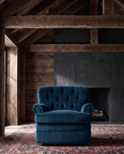 living room custom furniture modern mountain velvet chair Hello Norden - Astrid Lounge Chair in Banks Eco-Performance Velvet in Denim, shown in a rustic modern room