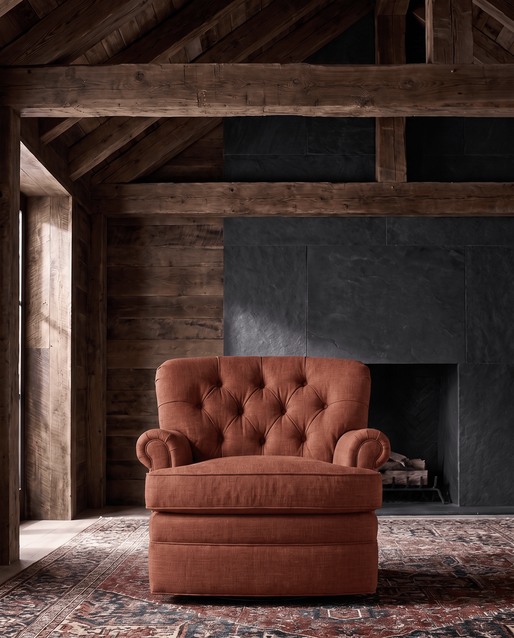 living room custom furniture modern mountain linen chair Hello Norden - Astrid Lounge Chair in Palmer Eco-Performance Linen in Adobe, shown in a rustic modern room