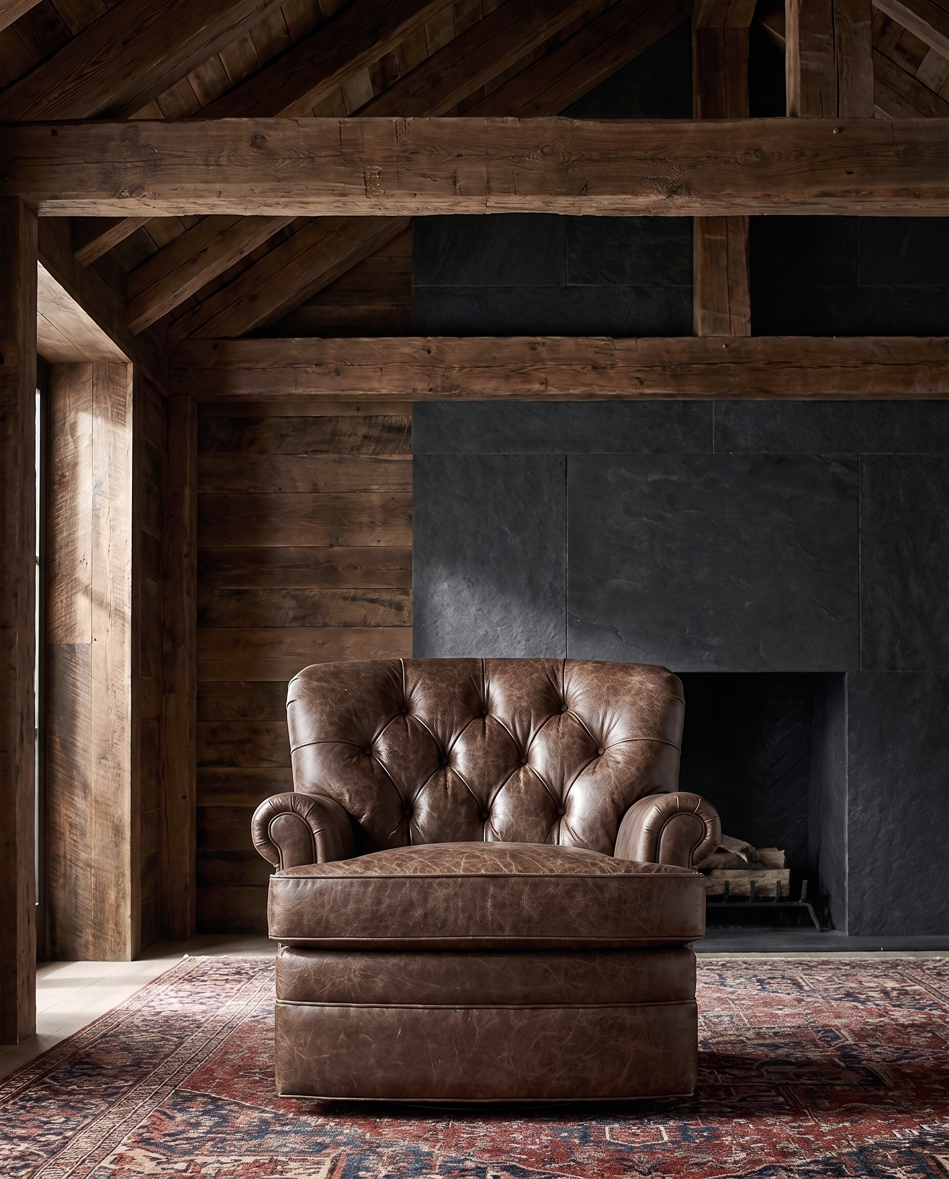 living room custom furniture modern mountain leather chair Hello Norden - Astrid Lounge Chair in St Croix Holm Sweet Holm leather, shown in a rustic modern room