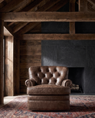 living room custom furniture modern mountain leather chair Hello Norden - Astrid Lounge Chair in St Croix Holm Sweet Holm leather, shown in a rustic modern room