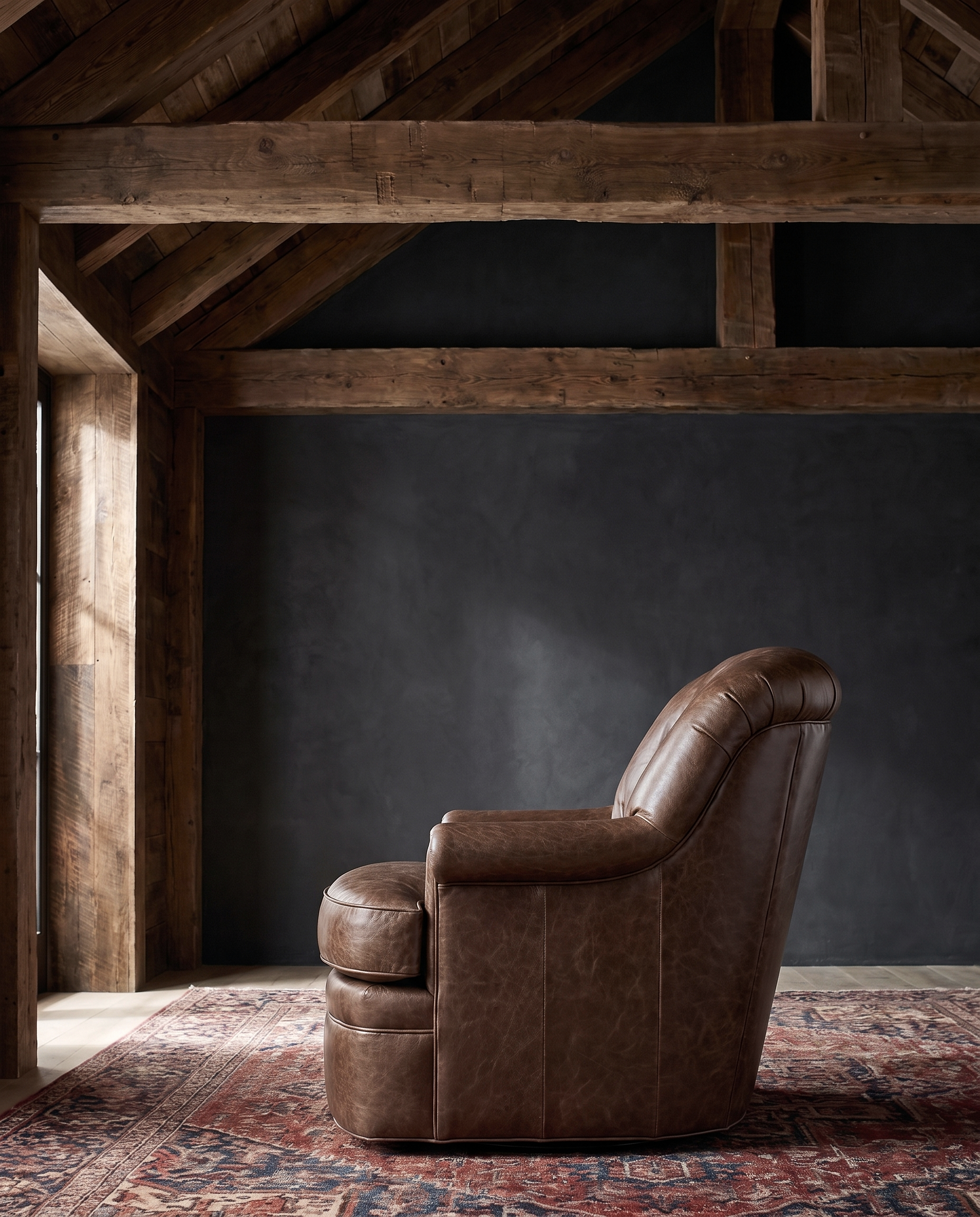 living room custom furniture modern mountain leather chair Hello Norden - Astrid Lounge Chair in St Croix Holm Sweet Holm leather, shown in a rustic modern room
