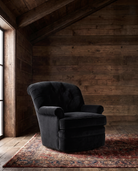living room custom furniture modern mountain velvet chair Hello Norden - Astrid Swivel Chair in Banks Eco-Performance Velvet in Godiva, shown in a rustic modern room