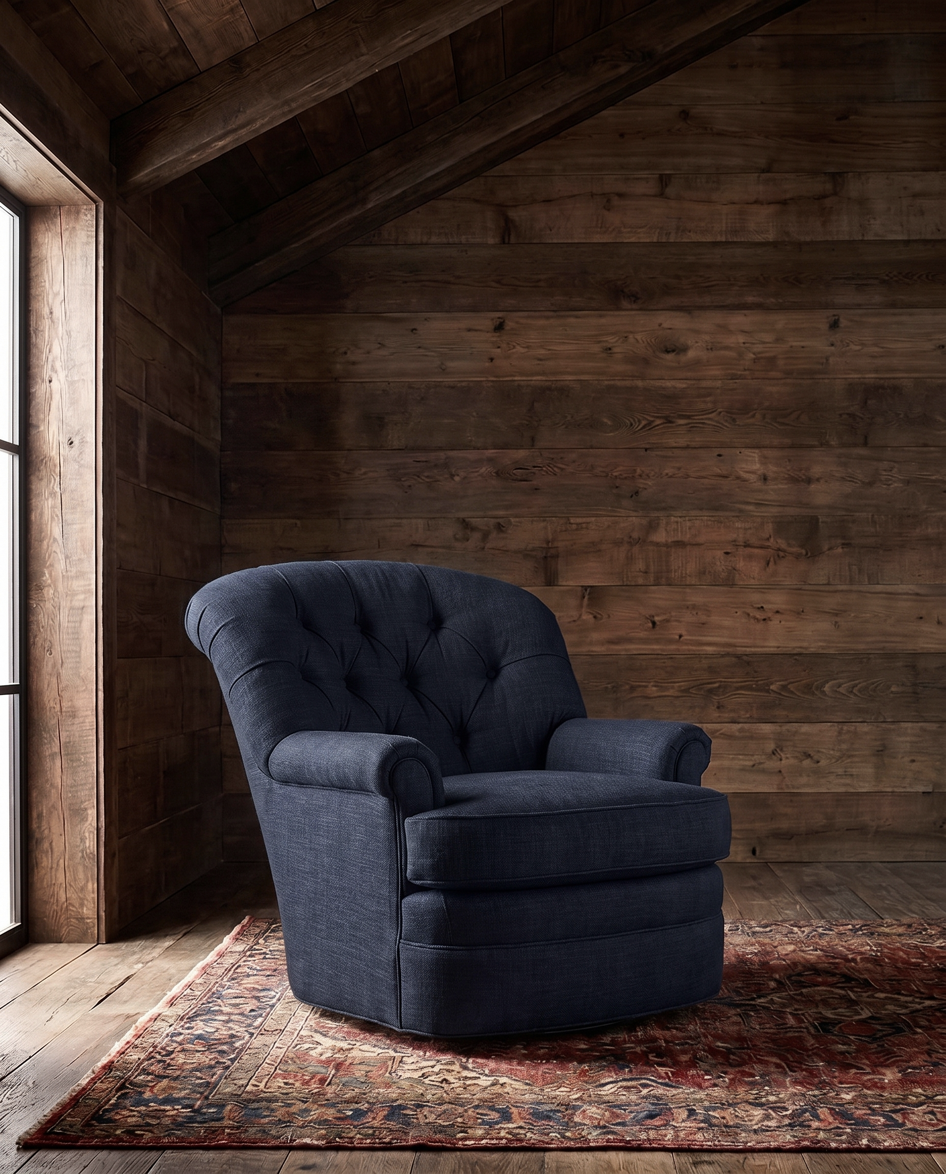 living room custom furniture modern mountain linen chair Hello Norden - Astrid Swivel Chair in Palmer Eco-Performance Linen in Indigo, shown in a rustic modern room