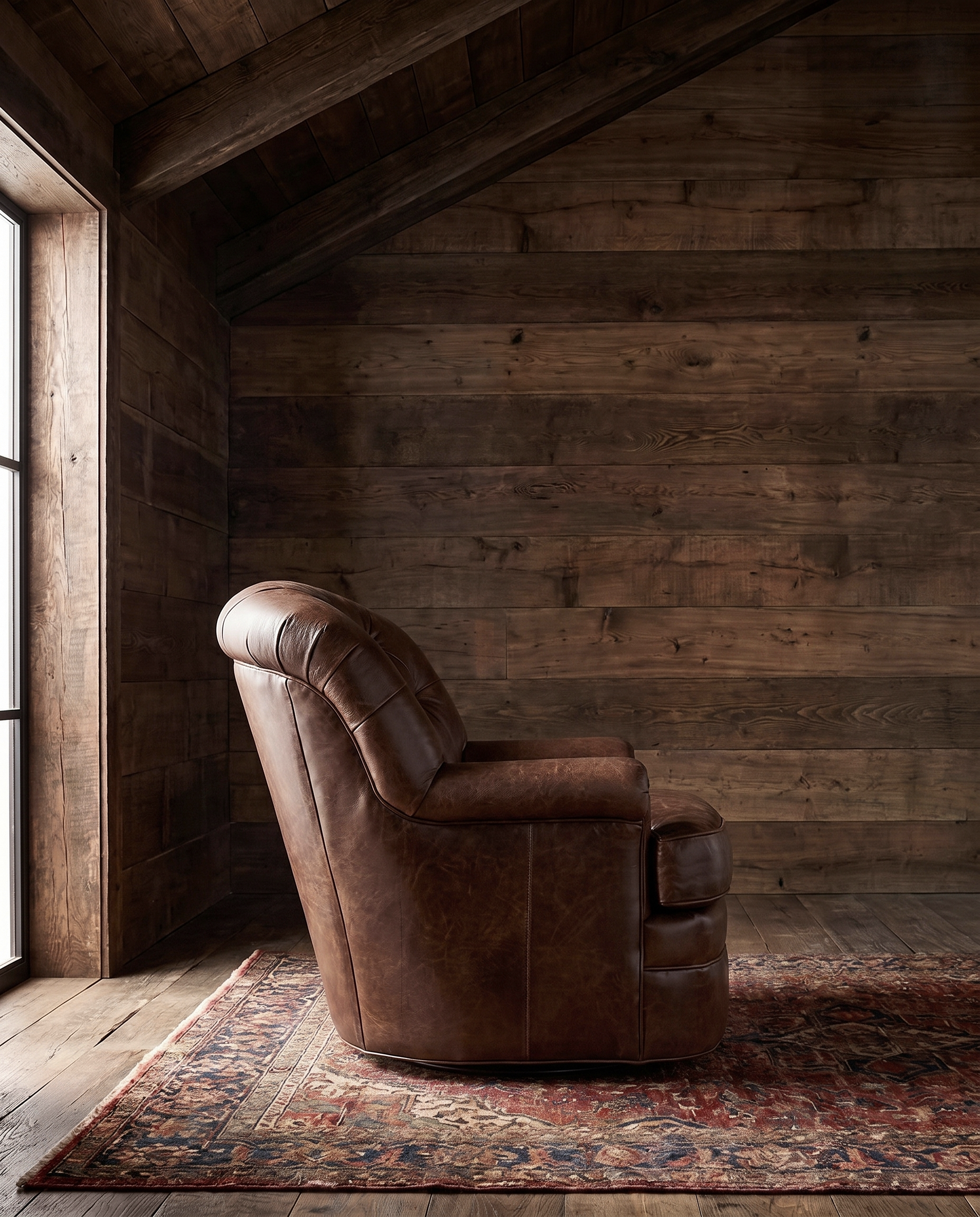 living room custom furniture modern mountain leather chair Hello Norden - Astrid Swivel Chair in St Croix Holm Sweet Holm leather, shown in a rustic modern room