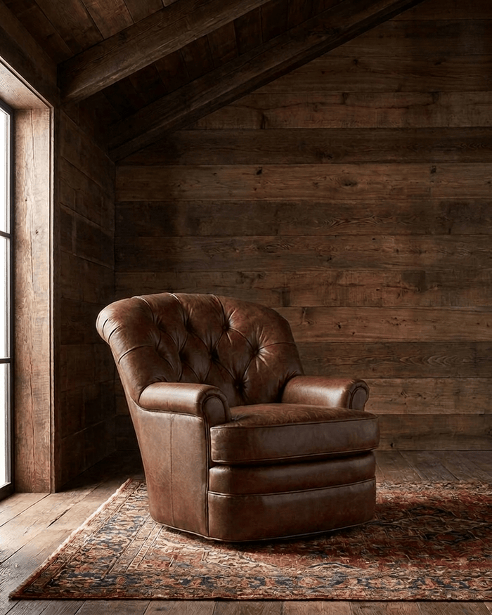 living room custom furniture modern mountain leather chair Hello Norden - Astrid Swivel Chair in St Croix Holm Sweet Holm leather, shown in a rustic modern room