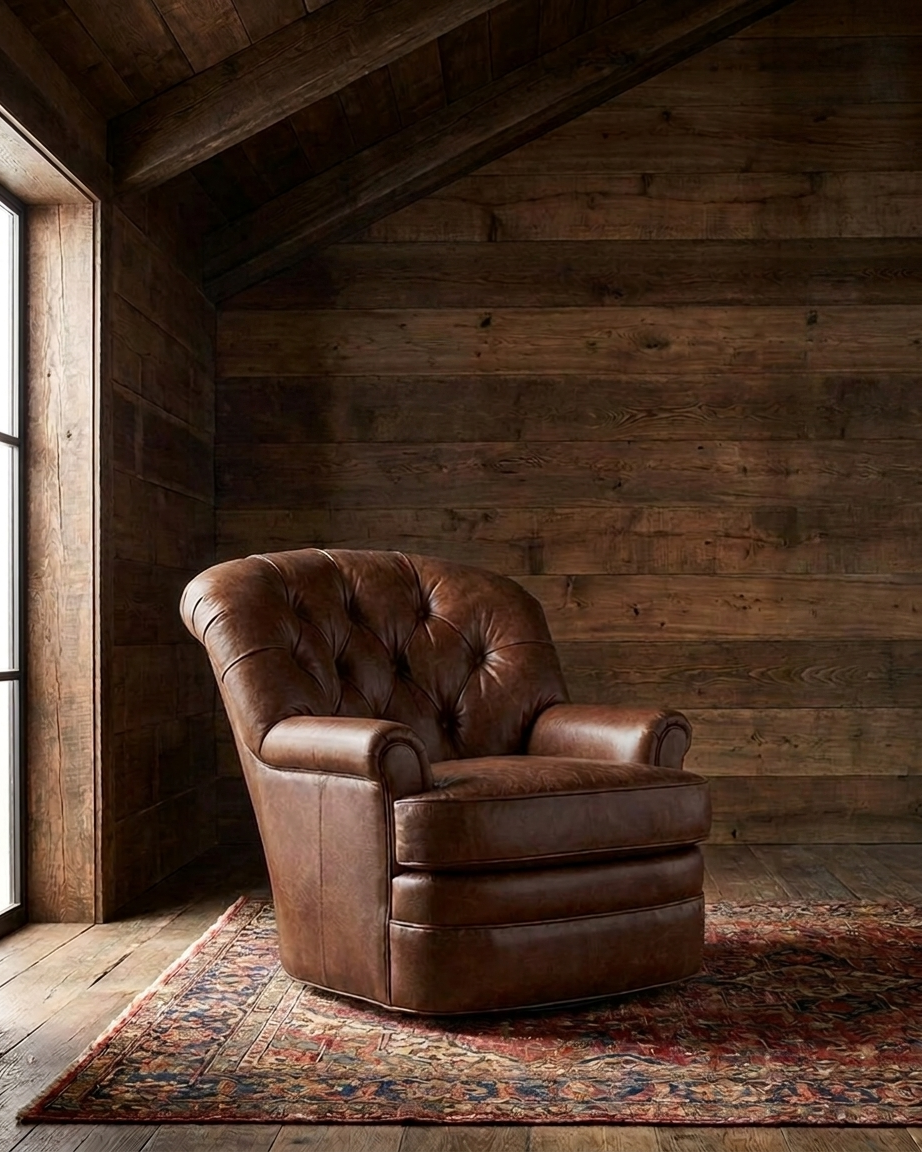 living room custom furniture modern mountain leather chair Hello Norden - Astrid Swivel Chair in St Croix Holm Sweet Holm leather, shown in a rustic modern room
