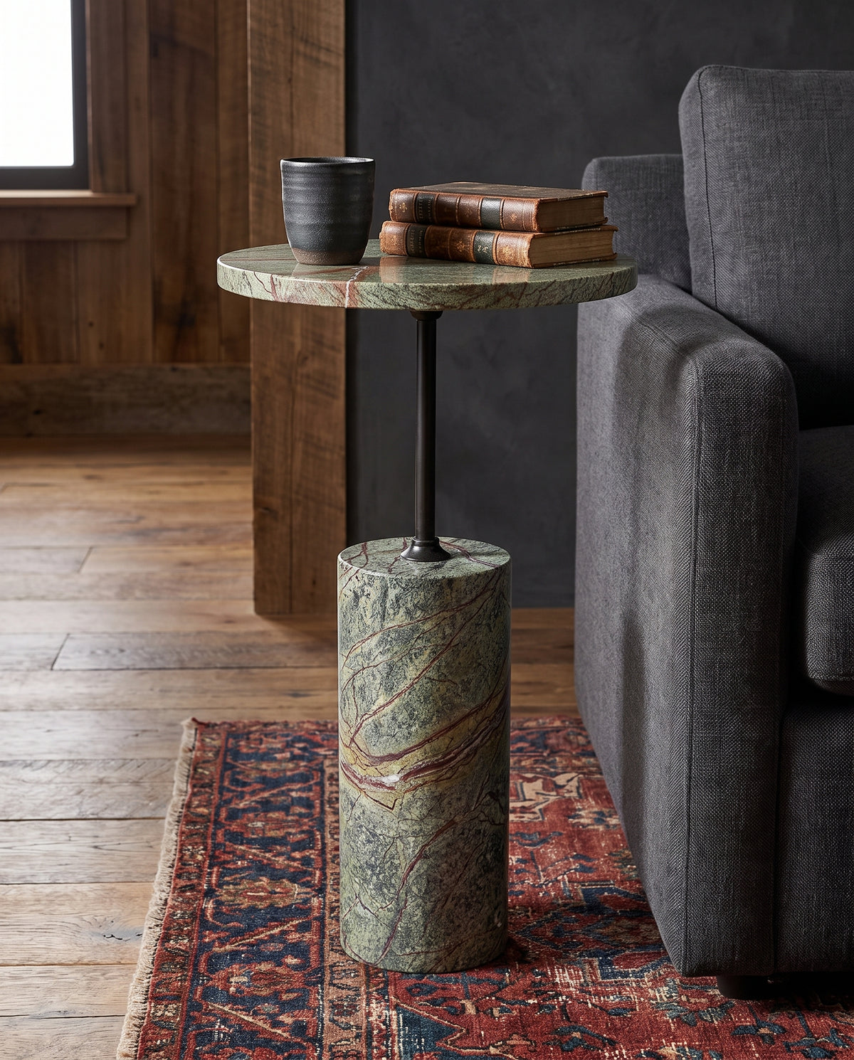 living room furniture modern mountain top and base: green rainforest marble side table Hello Norden - Bard Accent Table Rainforest, styled in a modern rustic room
