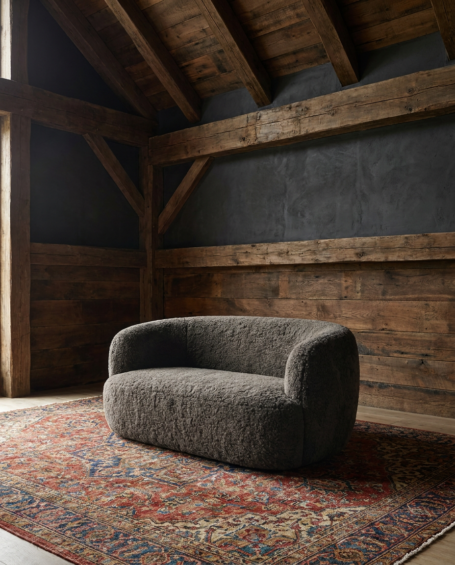 living room custom furniture modern mountain velvet chair Hello Norden - Bella Swivel Lounge Chair in Banks Velvet - Toffee, shown in a rustic modern room