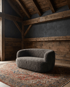 living room custom furniture modern mountain velvet chair Hello Norden - Bella Swivel Lounge Chair in Banks Velvet - Toffee, shown in a rustic modern room