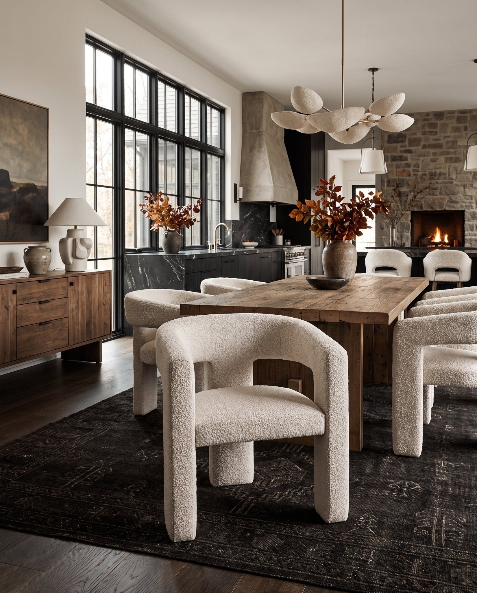 dining room modern mountain boucle dining chair Hello Norden - Beret Dining Chair, shown in a rustic modern room, close-up