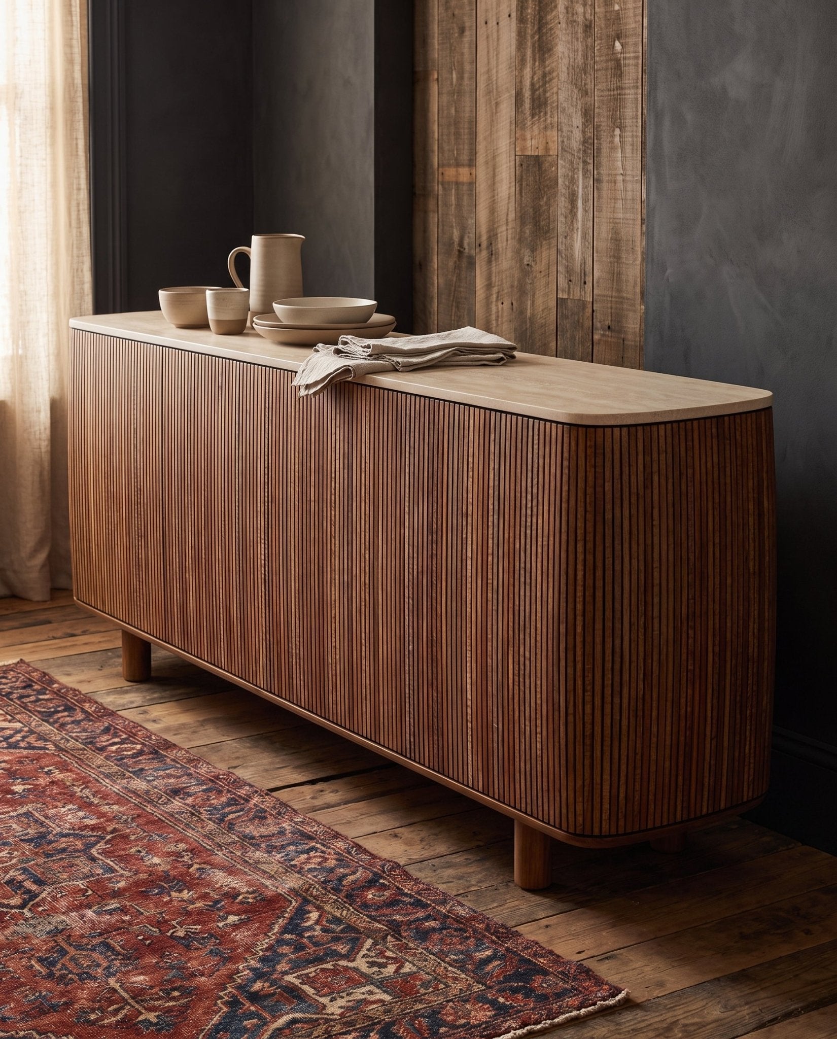 dining room furniture modern mountain micro cement and teak wood sideboard Hello Norden - Bergljot Sideboard, styled in a modern rustic room
