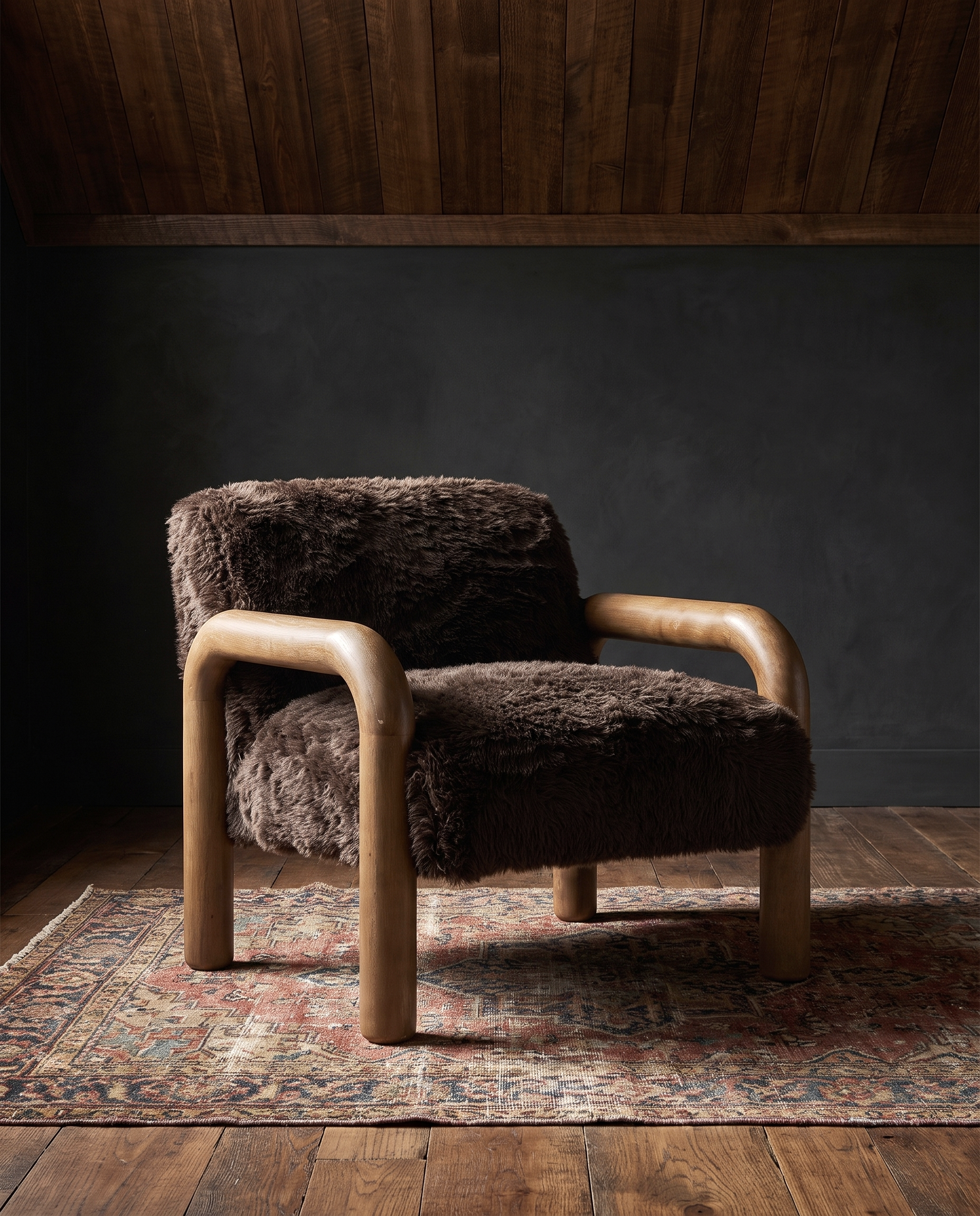 living room furniture modern mountain faux fur fabric and rubber wood lounge chair Hello Norden - Bergljot Occasional Chair, styled in a modern rustic room