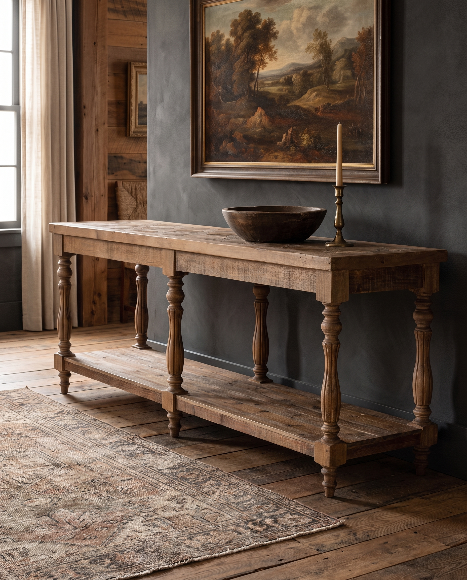 living room furniture modern mountain console Hello Norden - Birk Reclaimed Console Table, styled in a modern rustic room