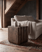 living room furniture modern mountain table Hello Norden - Bo Walnut Fluted End Table, styled in a modern rustic room