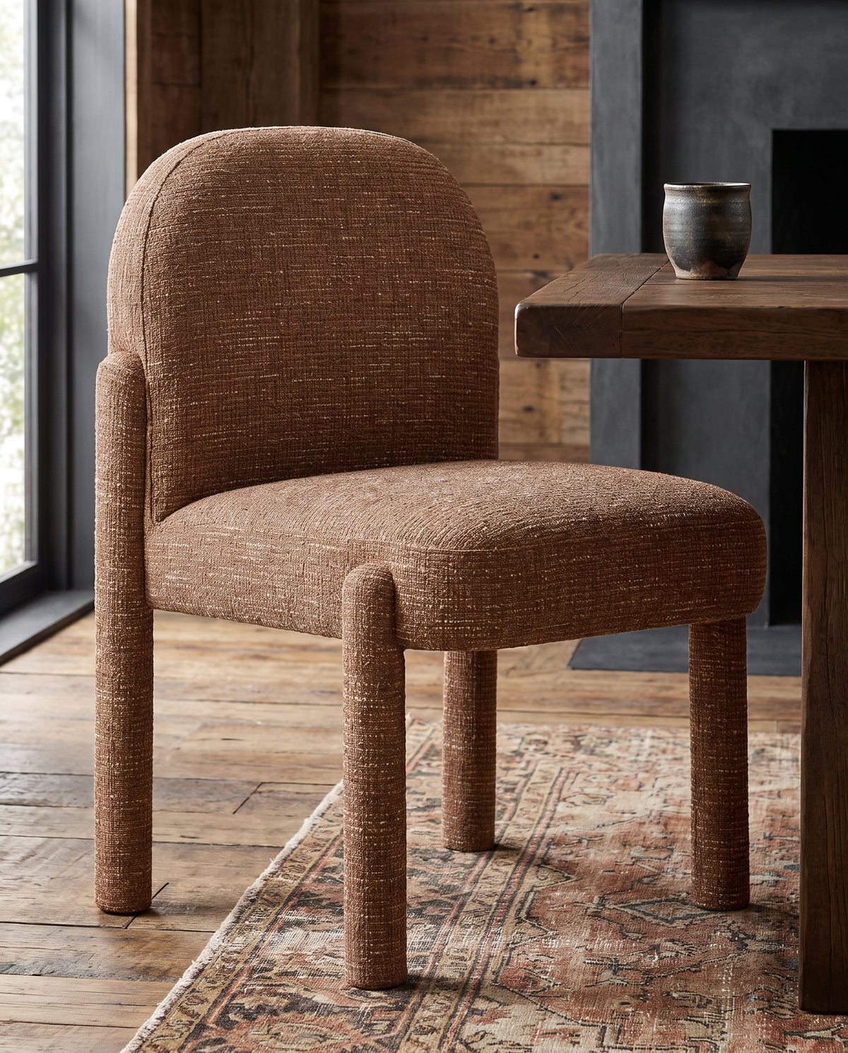 dining room furniture modern mountain tweed fabric dining chair Hello Norden - Bodvar Dining Chair, styled in a modern rustic room