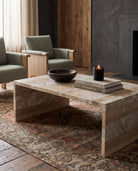 living room modern mountain coffee table Hello Norden - Clara Marble Coffee Table, shown in a rustic modern room, close-up