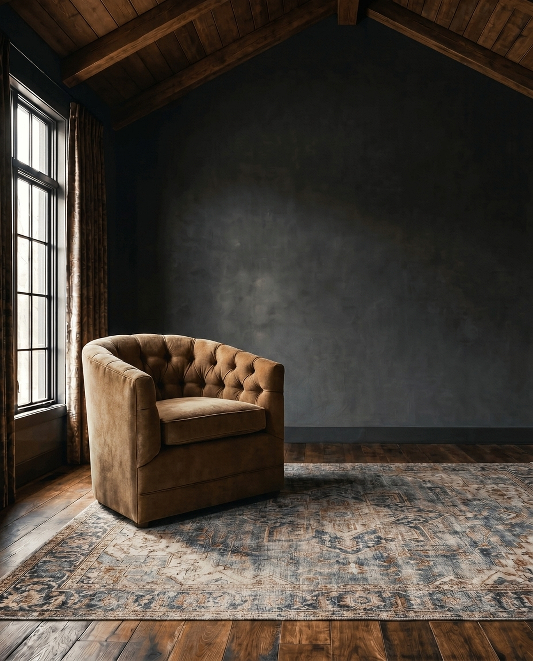 living room custom furniture modern mountain velvet chair Hello Norden - Connor Lounge Chair in Banks Velvet - Toffee, shown in a rustic modern room