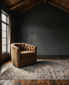living room custom furniture modern mountain velvet chair Hello Norden - Connor Lounge Chair in Banks Velvet - Toffee, shown in a rustic modern room