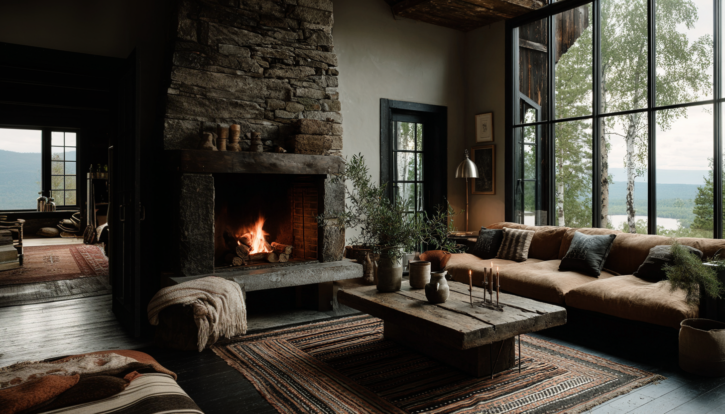 cozy mountain living room with stone fireplace furniture and vintage decor