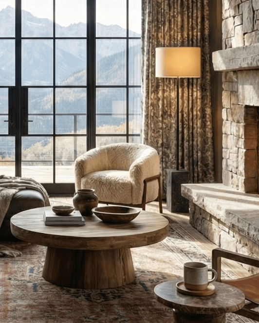 modern mountain living room vaulted ceilings furniture reclaimed wood faux fur lounge chair Hello Norden