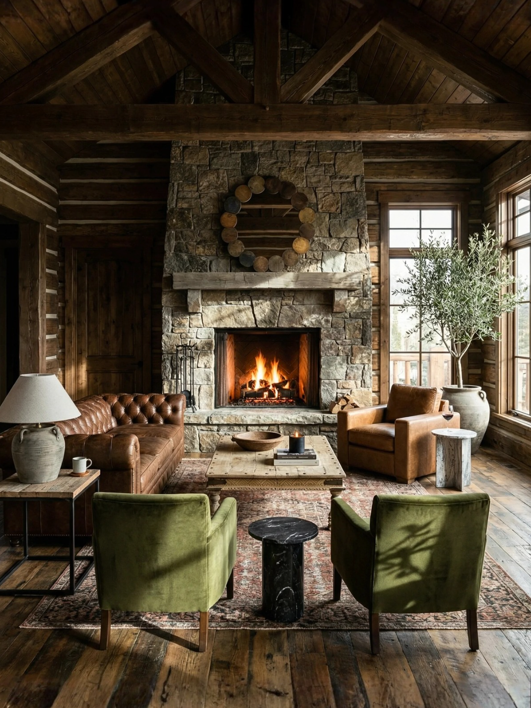 Cozy living room with stone fireplace, wooden furniture, and large windows.