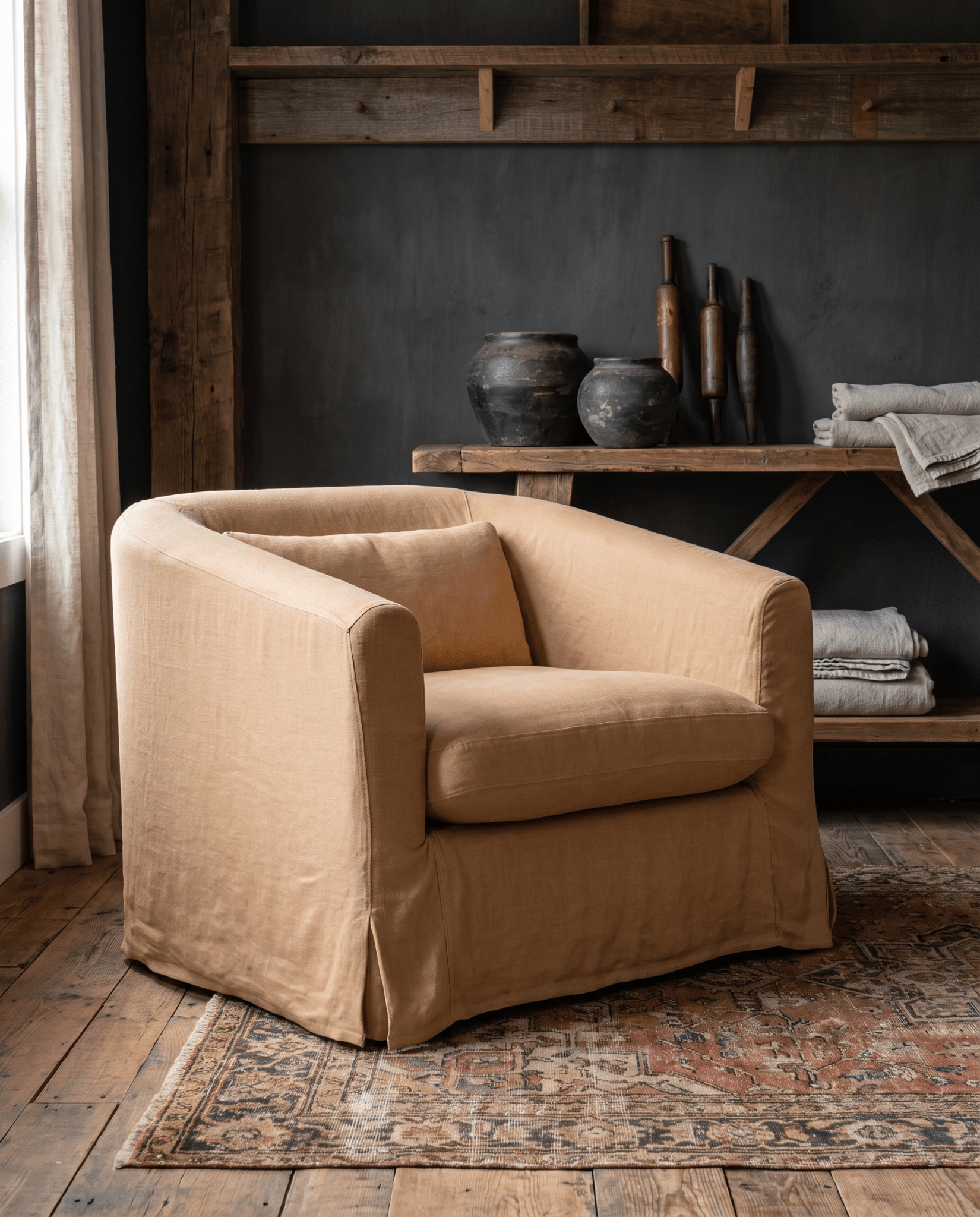 living room furniture modern mountain sofa Hello Norden - Dayne Sofa Chair, styled in a modern rustic room