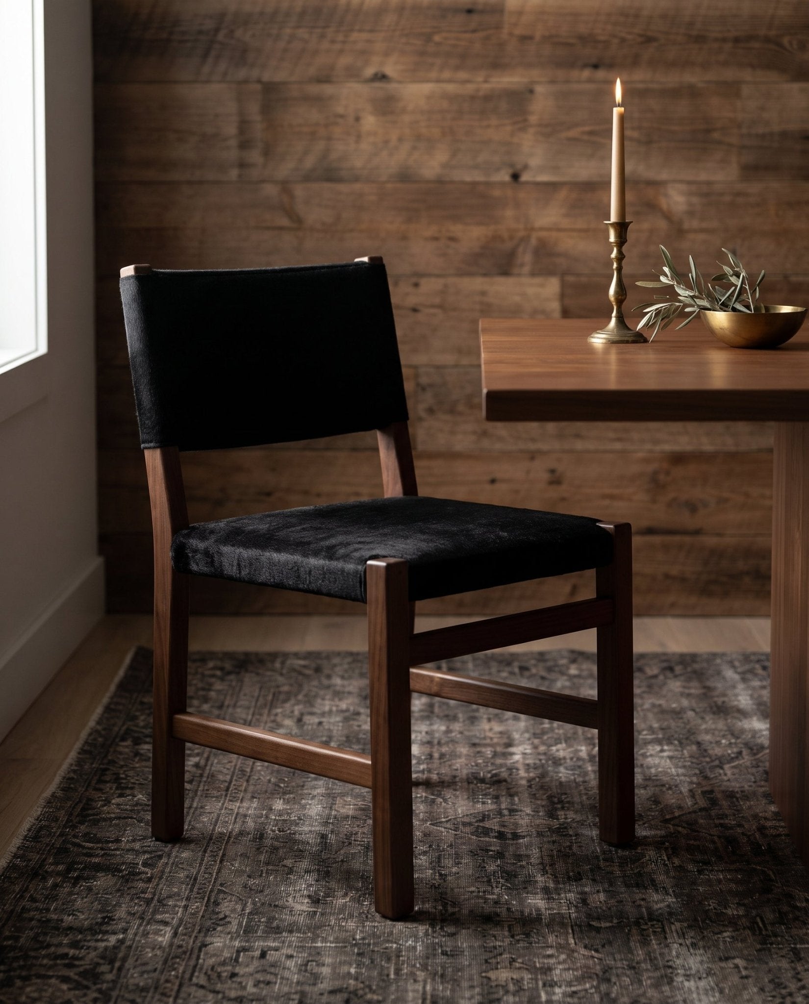 dining room furniture modern mountain upholstery: hair on hide leather dining chair Hello Norden - Thomas Dining Chair, styled in a modern rustic room