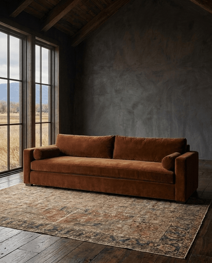 living room furniture modern mountain sofa Hello Norden - Edda Sofa (5'-10' | multiple sizes), styled in a modern rustic room