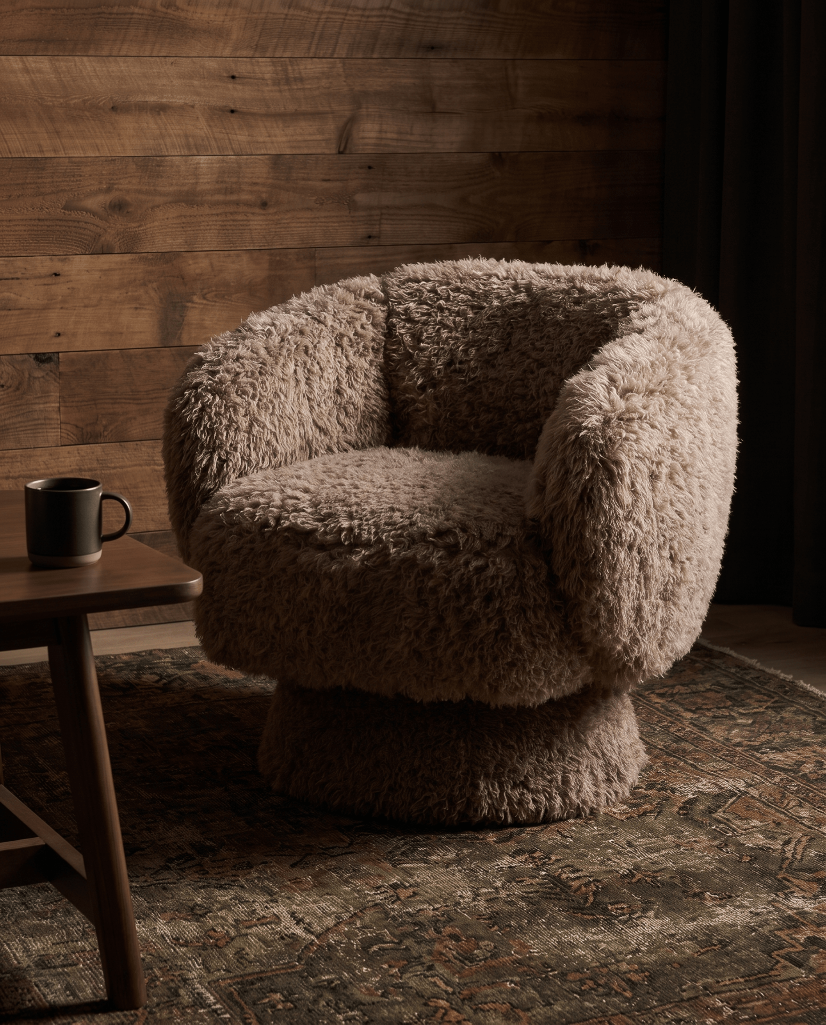living room furniture modern mountain chair Hello Norden - Egil Swivel Chair, styled in a modern rustic room