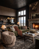 living room furniture modern mountain faux fur fabric lounge chair Hello Norden - Egil Swivel Chair, styled in a modern rustic room