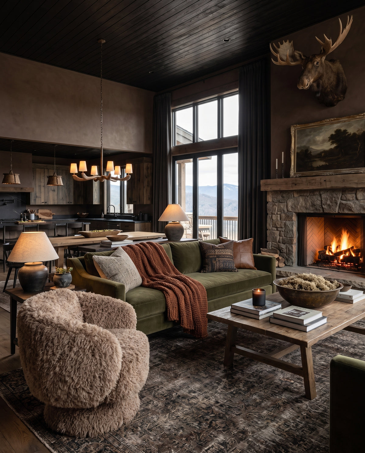 living room furniture modern mountain faux fur fabric lounge chair Hello Norden - Egil Swivel Chair, styled in a modern rustic room