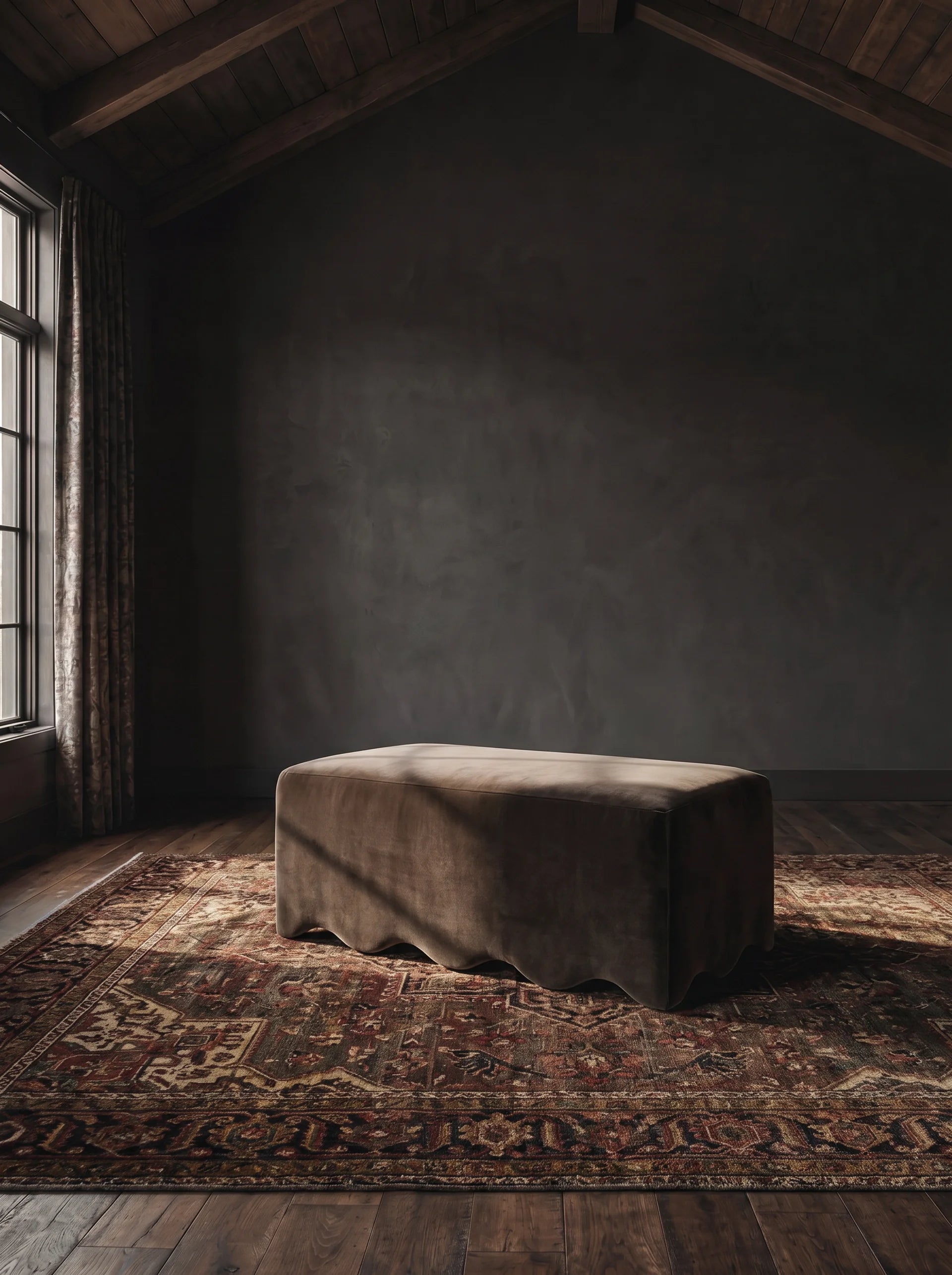 living room custom furniture modern mountain velvet ottoman Hello Norden - Elias Ottoman in Banks Eco-Performance Velvet in Mink, shown in a rustic modern room