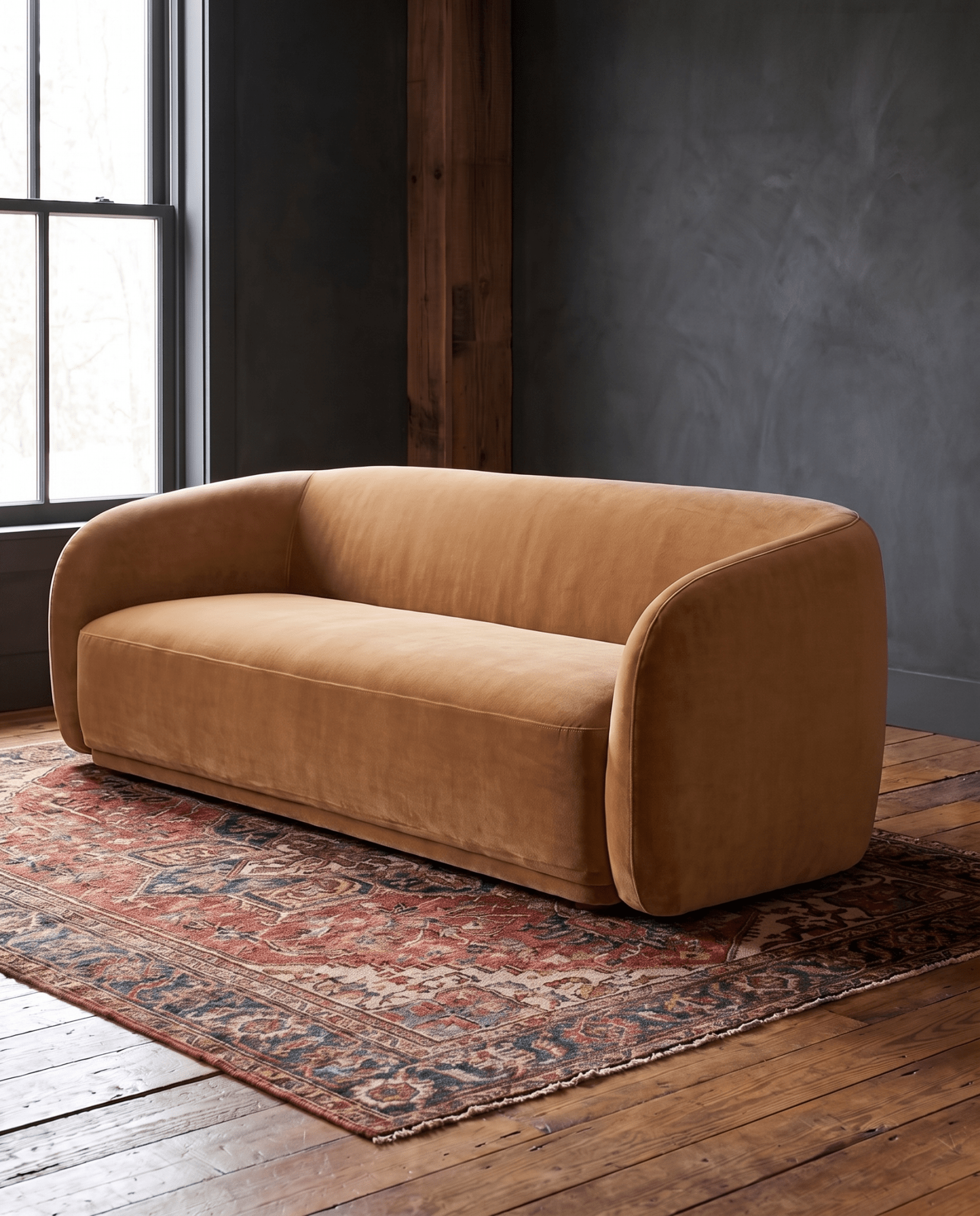 modern mountain Elinar Curved Back Sofa Hello Norden, shown in a rustic modern room
