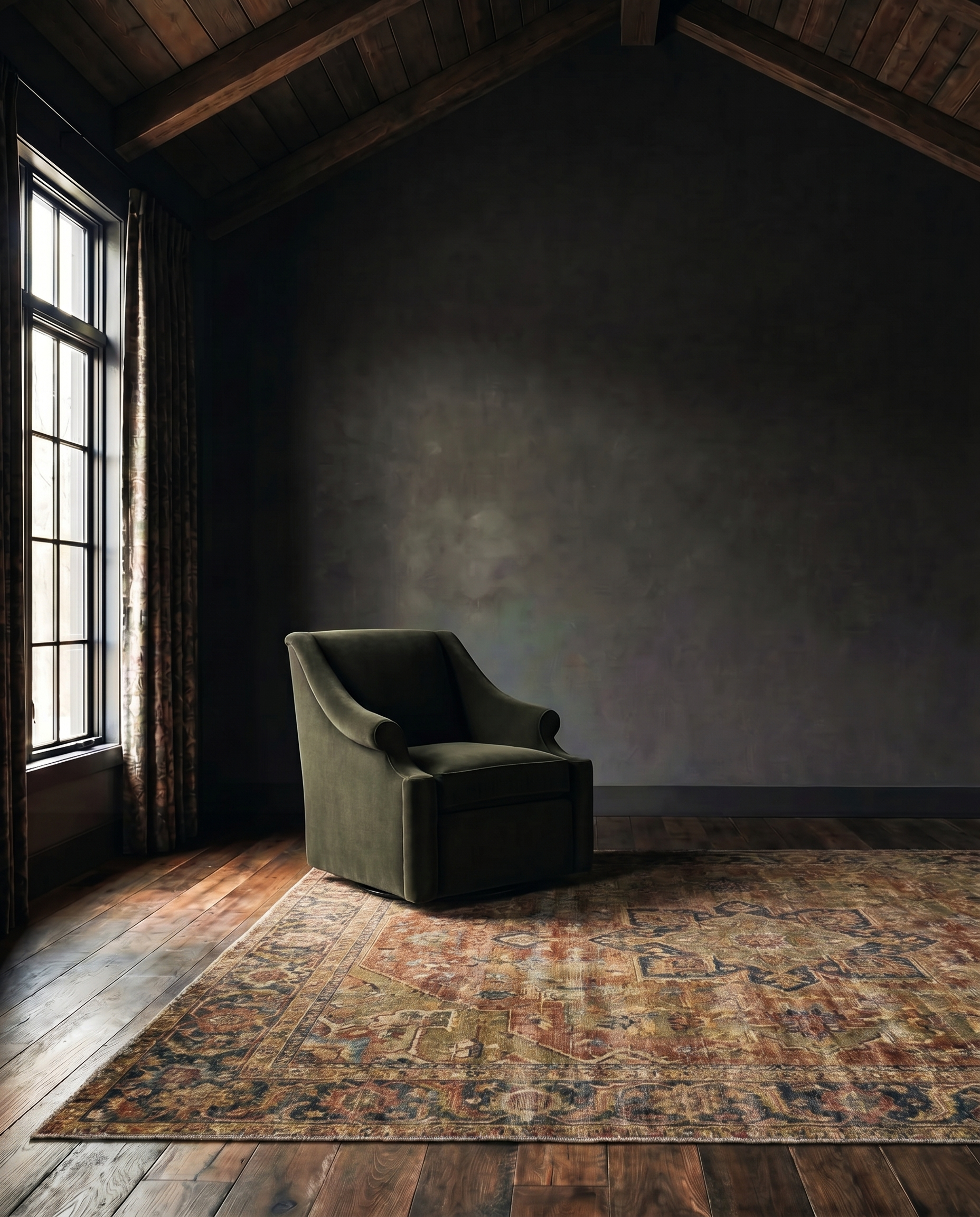 living room custom furniture modern mountain velvet chair Hello Norden - Ellsworth Chair in Banks Velvet - balsam, shown in a rustic modern room