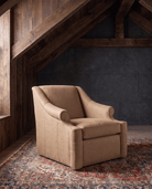 living room custom furniture modern mountain linen chair Hello Norden - Ellsworth Chair in Palmer Eco-Performance Linen in Camel, shown in a rustic modern room