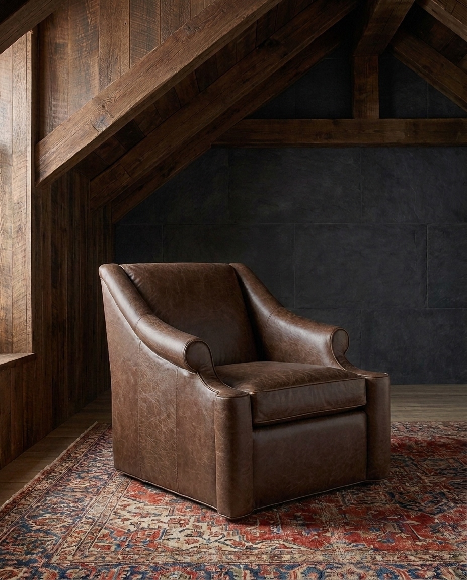 living room custom furniture modern mountain leather chair Hello Norden - Ellsworth Chair in St Croix Holm Sweet Holm, shown in a rustic modern room