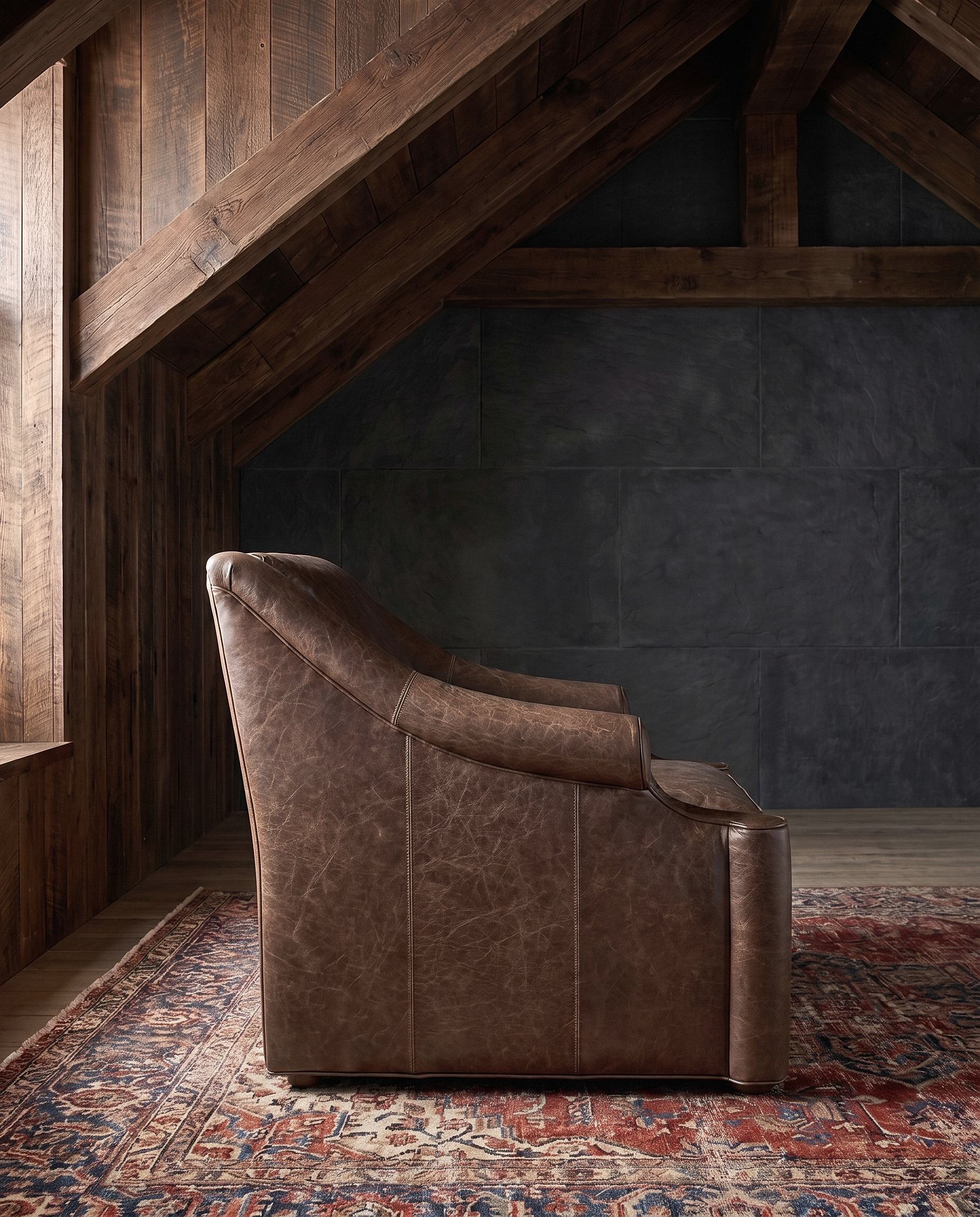 living room custom furniture modern mountain leather chair Hello Norden - Ellsworth Chair in St Croix Holm Sweet Holm leather, shown in a rustic modern room