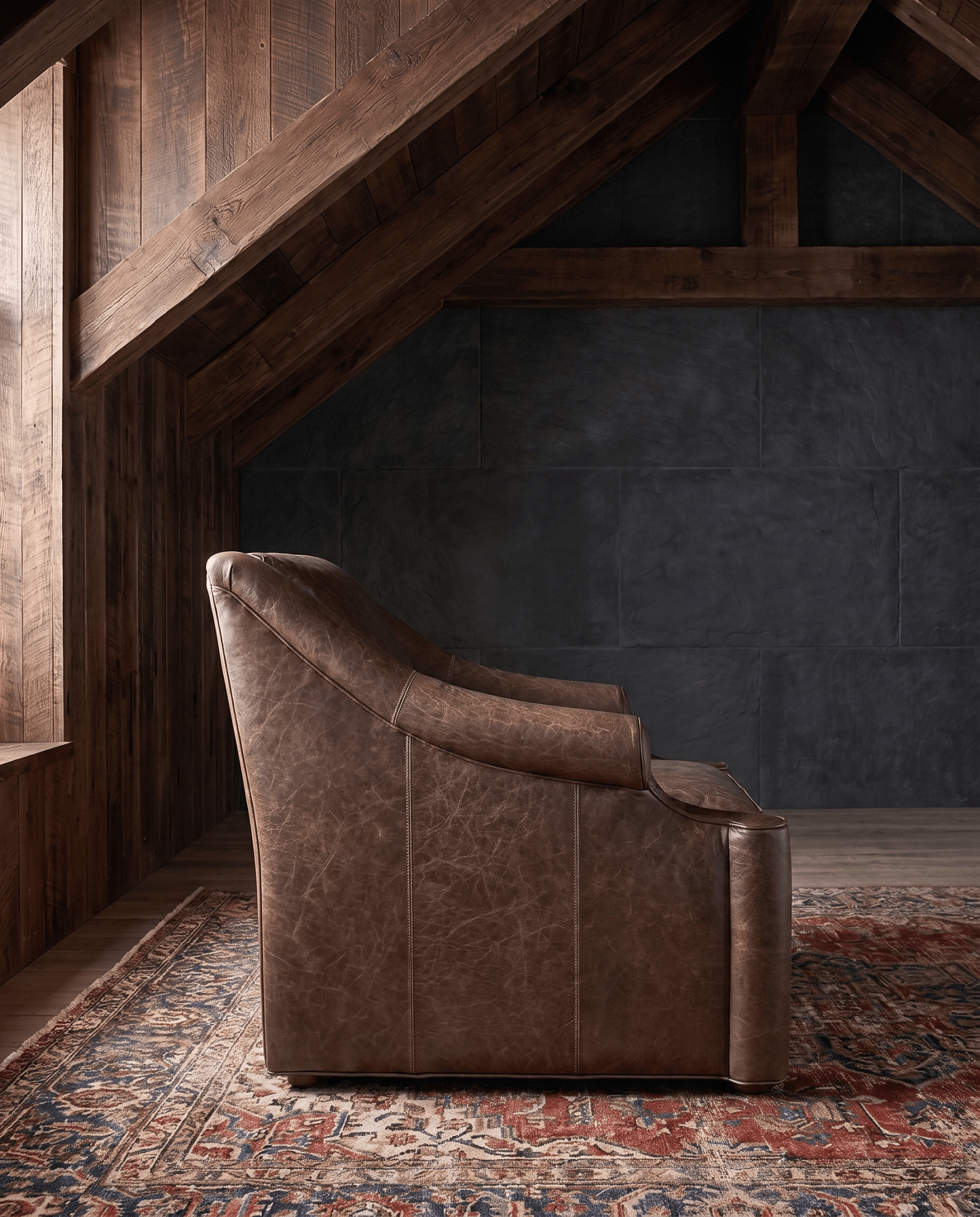 living room custom furniture modern mountain leather chair Hello Norden - Ellsworth Chair in St Croix Holm Sweet Holm leather, shown in a rustic modern room