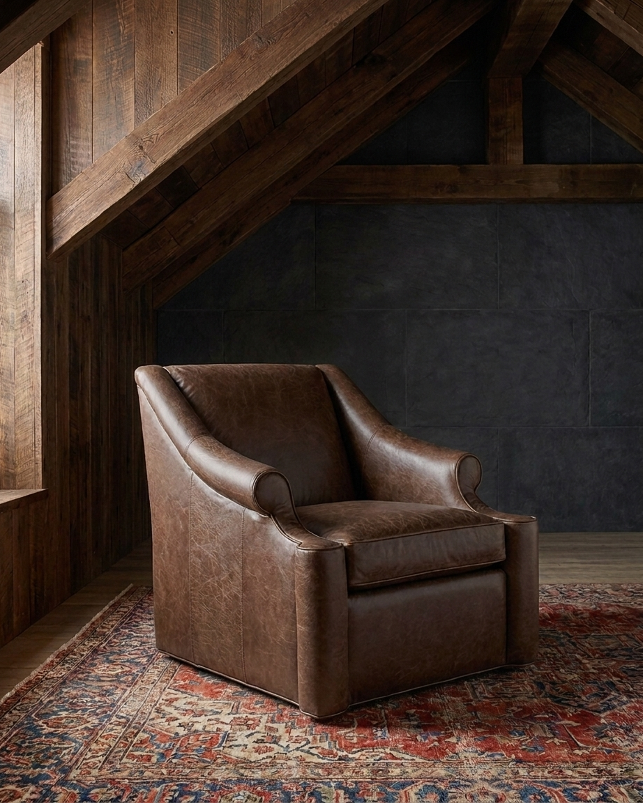 living room custom furniture modern mountain leather chair Hello Norden - Ellsworth Chair in St Croix Holm Sweet Holm leather, shown in a rustic modern room