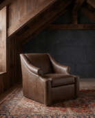 living room custom furniture modern mountain leather chair Hello Norden - Ellsworth Chair in St Croix Holm Sweet Holm leather, shown in a rustic modern room