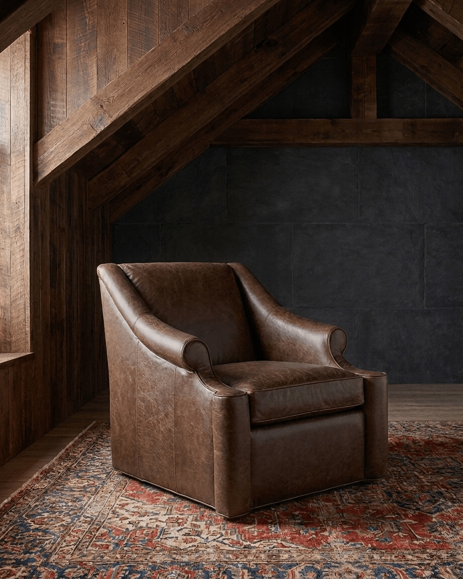 living room custom furniture modern mountain leather chair Hello Norden - Ellsworth Chair in St Croix Holm Sweet Holm leather, shown in a rustic modern room