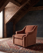 living room custom furniture modern mountain velvet chair Hello Norden - Ellsworth Swivel Chair in Banks Eco-Performance Velvet in Desert, shown in a rustic modern room